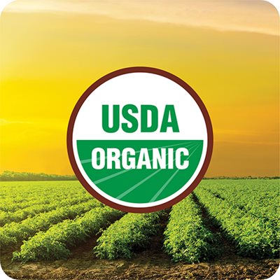 Hình ảnh cánh đồng trồng trọt với logo USDA Organic.