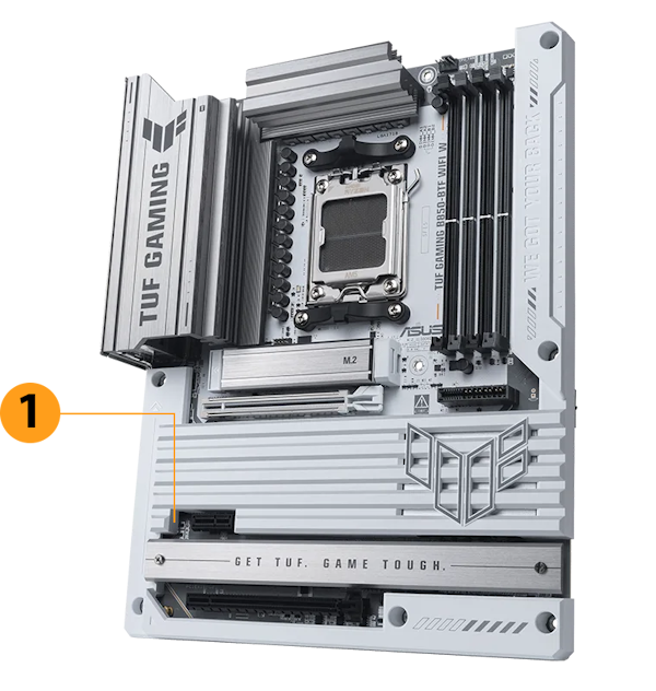 TUF Gaming Mainboard Frontansicht, 60 Grad, mit Aura-Beleuchtung