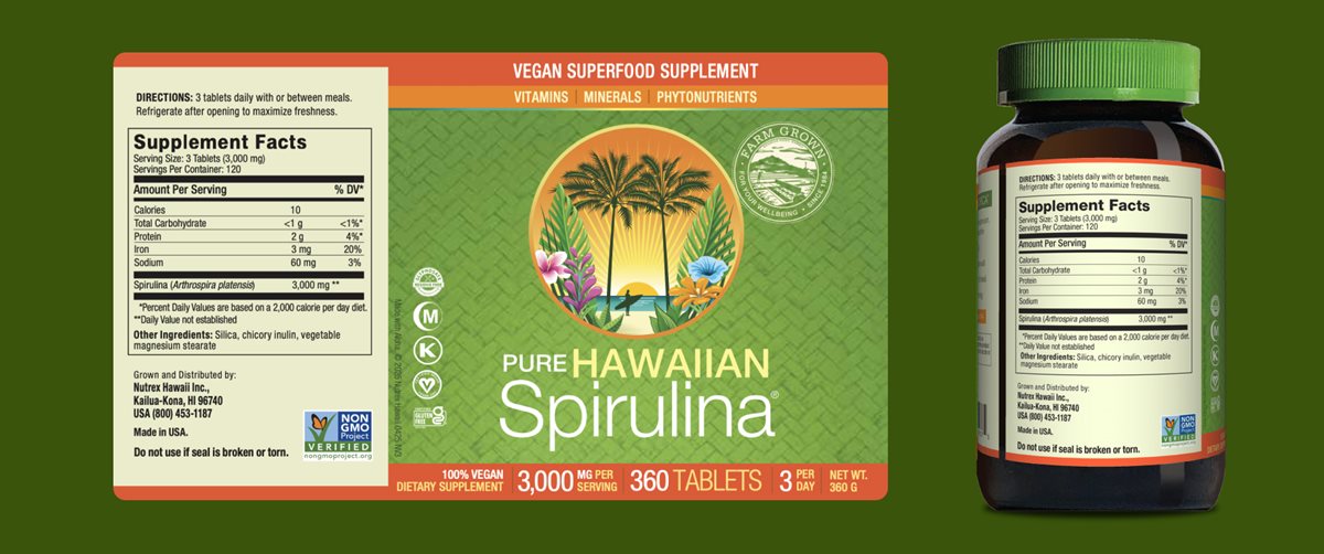 Nutrex Hawaii Hawaiian Spirulina Superfood 3000 mg, 360 Count showing product label and supplement facts