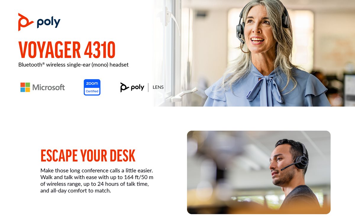 Business professionals use the Voyager 4310 headset to connect with their clients.