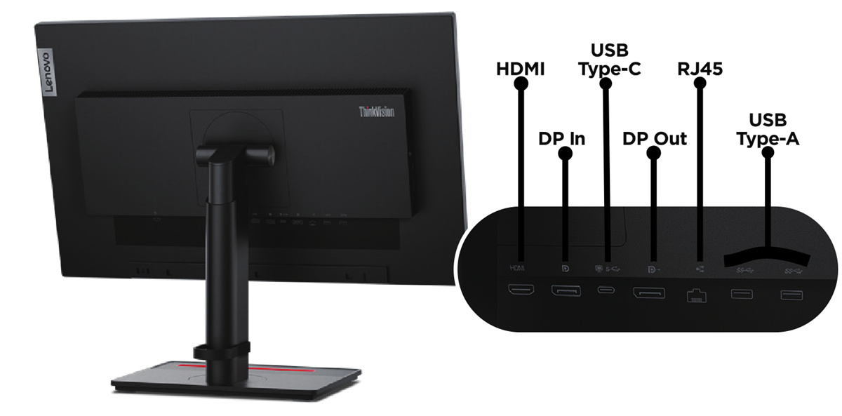 Lenovo thinkvision t24m-29 | 23,8-palčni full hd ips monitor | usb-c 90w hdmi displayport rj45 4x usb 3. 2 | pivot zvočniki | poslovni monitor 2 Lenovo thinkvision t24m-29 priključki hdmi displayport usb-c rj45 in usb