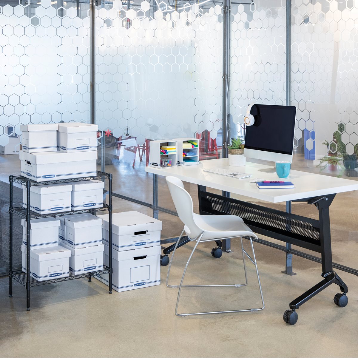 Bankers Box STOR/DRAWER STEEL PLUS Extra Space-Savings Storage Drawers, Letter Files, 14" X 25.5" X 11.5", White/Blue, 6/Carton