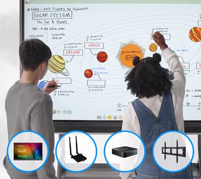 two students making notes of a solar system on the touch screen of a viewboard