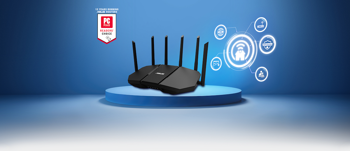 RT-BE90U standing on a podium with a smart home panel showing the extendable network features