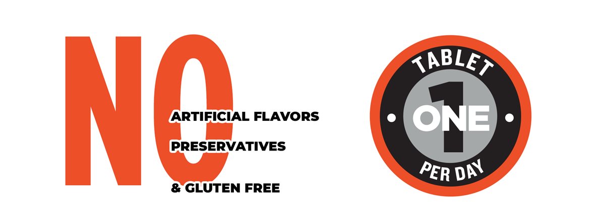No artificial flavors, no preservatives, gluten free. One tablet per day.