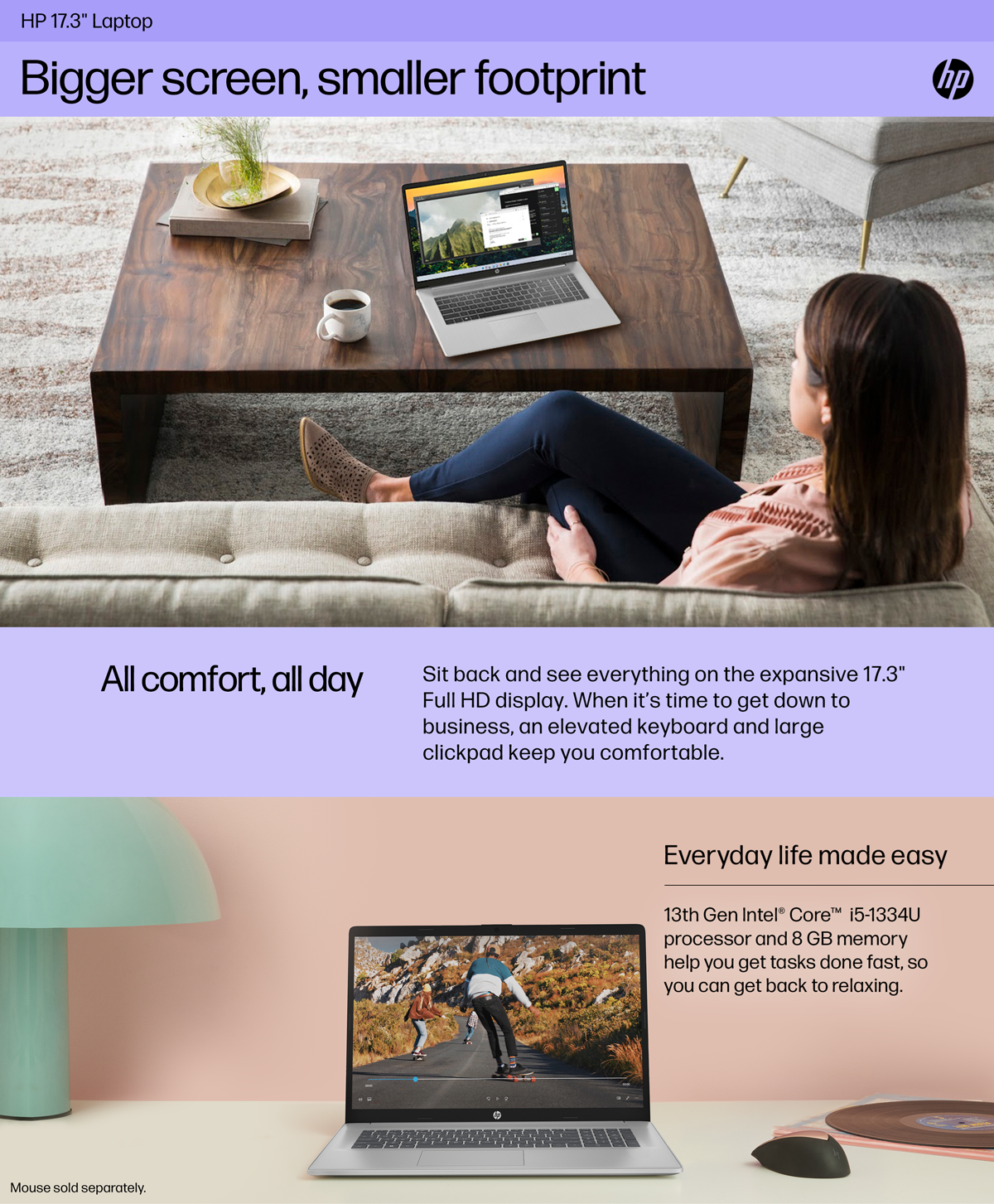 Woman looks at her HP 17" Laptop on coffee table. HP 17-inch laptop shows video.