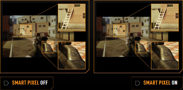 Here is the shortened English description in three lines: An in-game FPS screenshot labeled SMART PIXEL OFF. Zoomed-in red boxes highlight blurry details on the wooden ladder and weapon. The in-game screenshot labeled SMART PIXEL ON, showcasing image enhancement technology. Zoomed-in details are significantly sharper. Textures are distinct and edges crisp, providing a much higher level of visual clarity and detail.