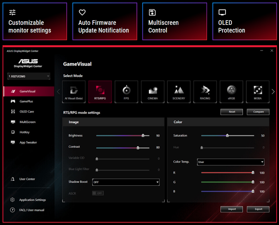 Screenshot of the new ASUS DisplayWidget Center UI showing system settings, OLED functions, and more.