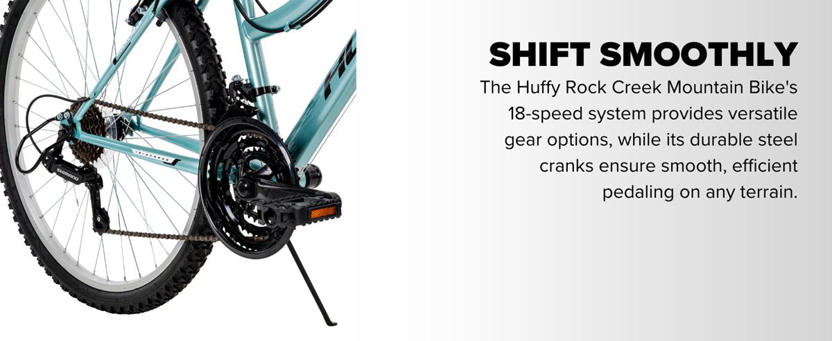 Image of the drivetrain on the Huffy Rock Creek mountain bike and it's 18-speed system allowing you to shift smoothly.