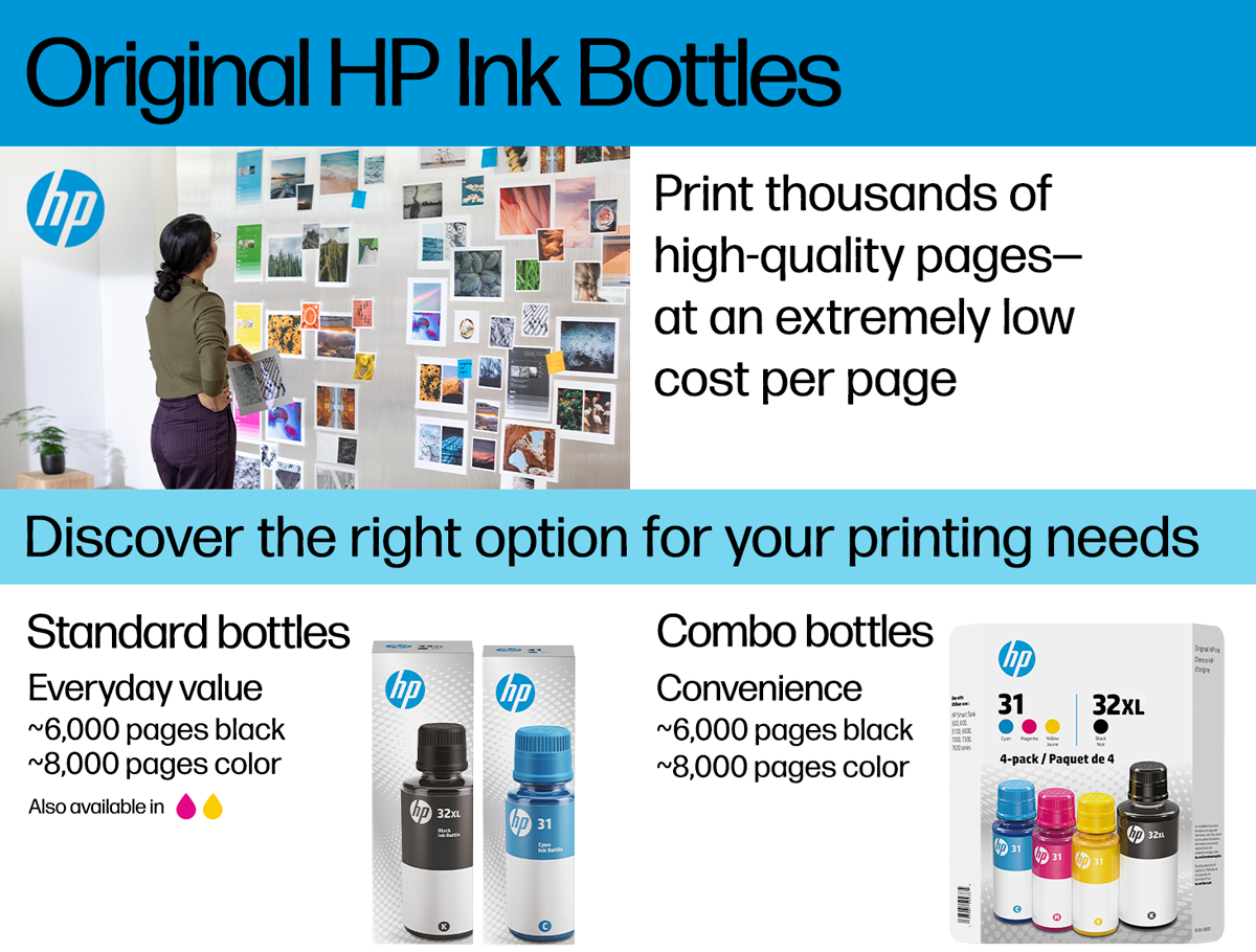 Promotional image for Original HP Ink Bottles. The image is divided into three sections. The top section features a person standing next to a wall covered with various printed photographs and the text 'Original HP Ink Bottles' and 'Print thousands of high-quality pages at an extremely low cost per page.' The middle section has a blue background with the text 'Discover the right option for your printing needs.' The bottom section is split into two parts: the left part shows 'Standard bottles' with a description 'Everyday value ~6,000 pages black, ~8,000 pages color' and images of black and cyan ink bottles. The right part shows 'Combo bottles' with a description 'Convenience ~6,000 pages black, ~8,000 pages color' and images of a pack containing black, cyan, magenta, and yellow ink bottles.
