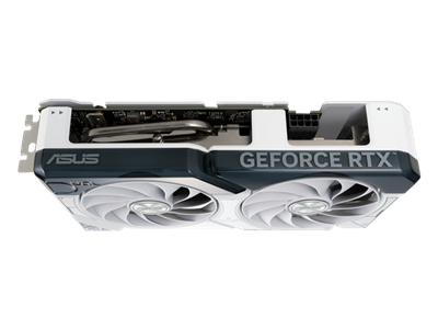 Angled top down view of the card ASUS Dual GeForce RTX 4060 White Edition graphics card
