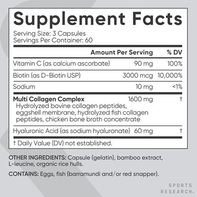 The Supplement Facts Panel that reads: "Serving Size 3 capsules. Servings Per Container 60. Vitamin C (as calcium ascorbate) Amount per serving is 90 milligrams with 100% Daily Value. Biotin (as D-Biotin USP) Amount per serving is 3000 micrograms with 10,000% Daily Value. Sodium Amount per serving is 10 milligrams with less than 1% Daily Value. Multi Collagen Complex containing Hydrolyzed bovine collagen peptides, eggshell membrane, hydrolyzed fish collagen peptides, and chicken bone broth has an Amount per serving of 1600 milligrams with no established Daily Value. Hyaluronic Acid (as sodium hyaluronate) Amount per serving is 60 milligrams with no established Daily Value. Other Ingredients are Capsule (gelatin), bamboo extract, organic rice hulls, L-leucine. Contains: Eggs, fish (barramundi and/or red snapper)."