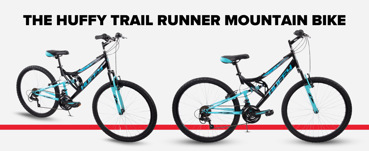 Angle and side profile image of the Huffy Trail Runner bike on a plain gray background