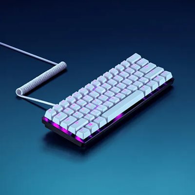 A white mechanical keyboard with pink backlit keys connected to a coiled cable, on a dark blue surface.