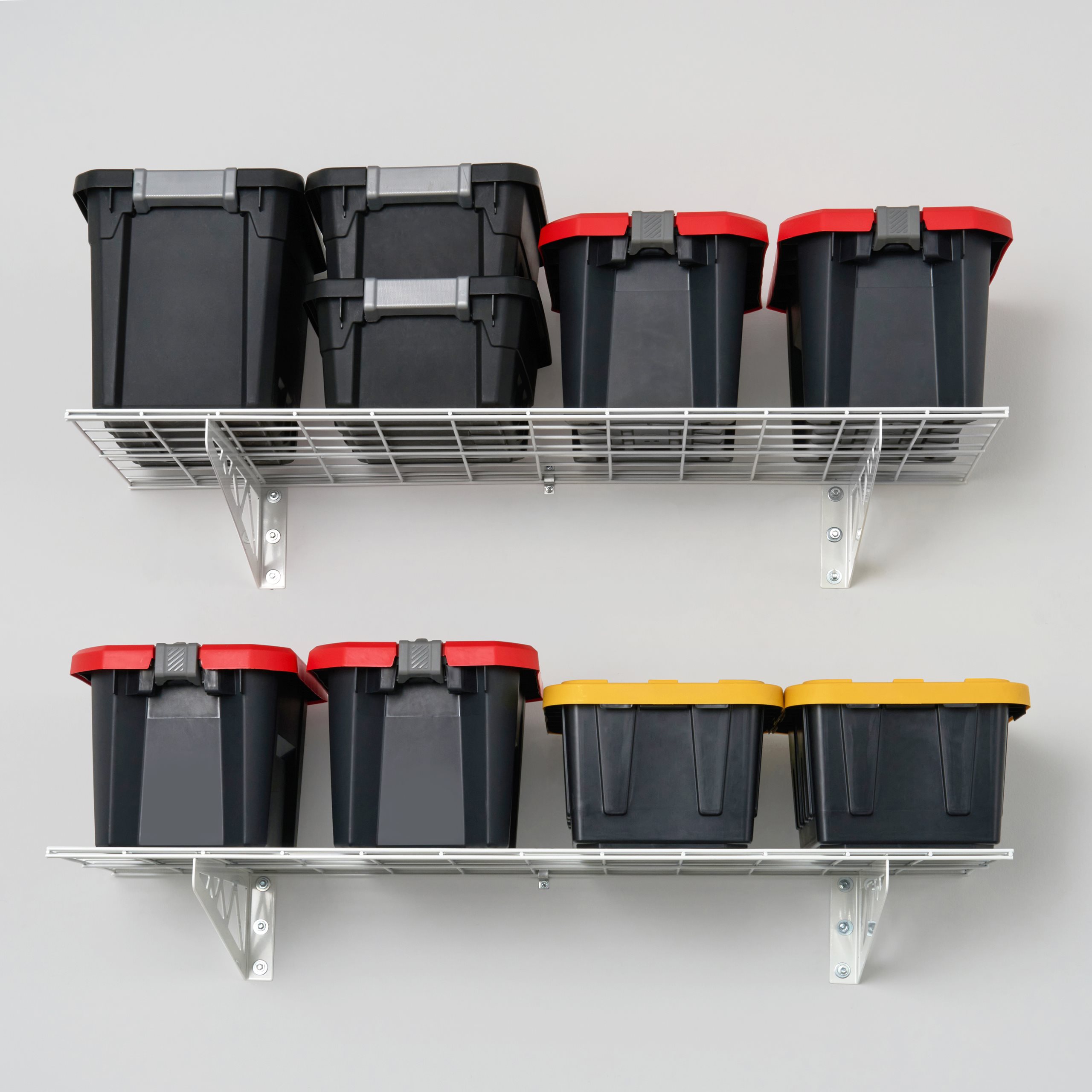 SafeRacks Wall Mounted Garage Shelving filled with storage bins.