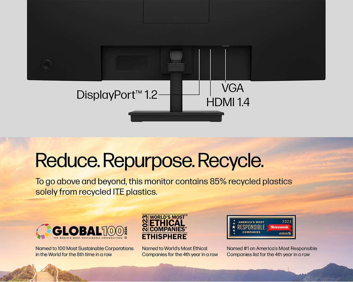 HP V27i G5 FHD Monitor showcasing rear ports and sustainability feature.