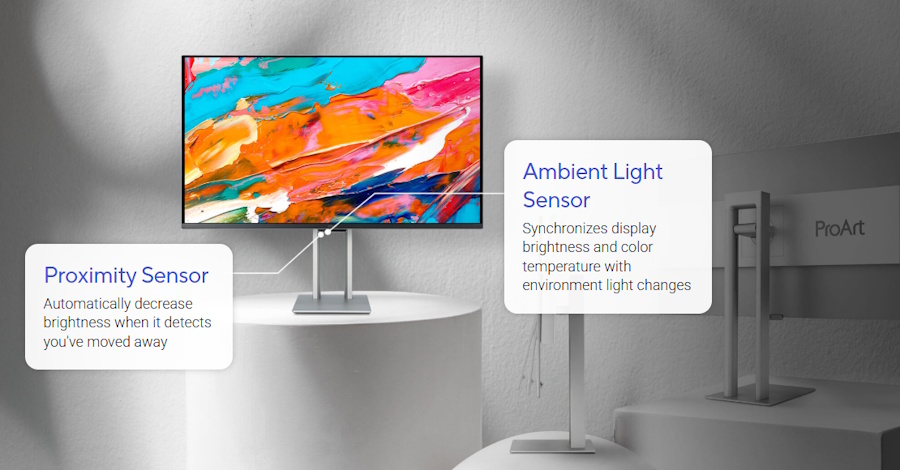 ProArt Display PA27UCDMR with Ambient and Proximity Light Sensors for optimal viewing comfort.