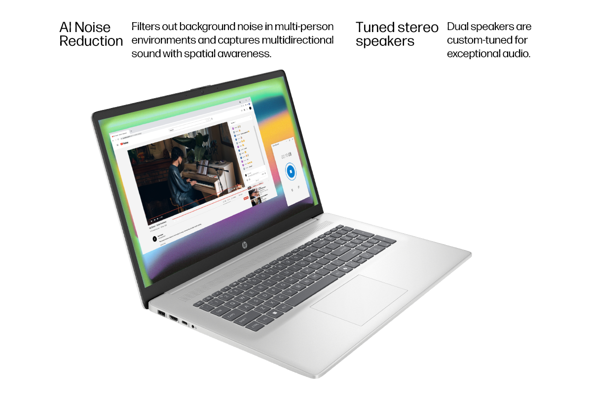 HP 17 Laptop shows music video on YouTube and recording software