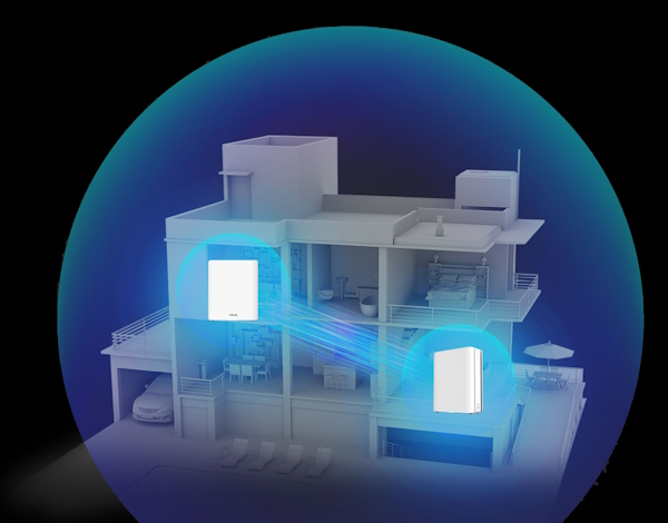 Eine Illustration eines dreistöckigen Hauses mit einem blauen Overlay, das die Abdeckung durch zwei ZenWiFi BQ16-Pakete zeigt, die auf verschiedenen Etagen platziert sind und über ein blaues Backhaul mit den Mesh-Routern verbunden sind.