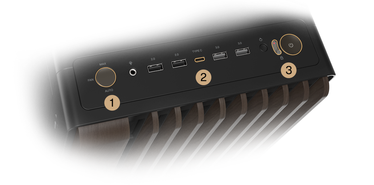 ProArt PA602 Wood Edition Modern Black Gehäusefront I/O, einschließlich Stromverriegelung, Lüfterdrehzahlregelung und USB Typ-C Anschluss