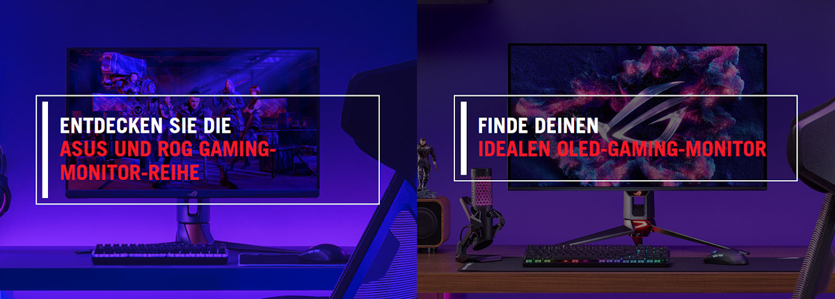ROG-Gaming-Setup mit einem PC, Monitor, Tastatur, Maus und Headset./ROG-Gaming-Setup mit einem PC, Monitor, Tastatur, Maus und Mikrofon. (Öffnet in einem neuen Fenster)