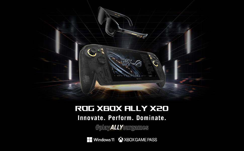 ROG Xbox Ally X20 handheld gaming PC in translucent black and gold