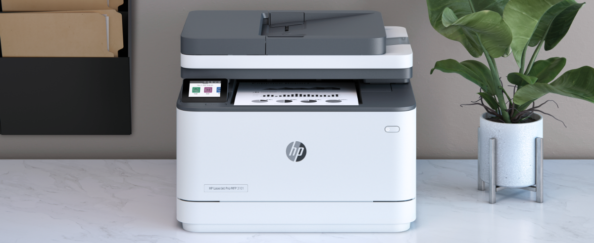 An HP LaserJet Pro MFP 3101 printer outputting a document on a marble desk.