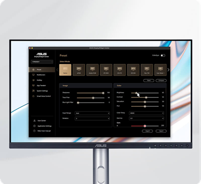 ProArt monitor displaying the ASUS DisplayWidget Center interface for macOS, featuring adjustable settings.