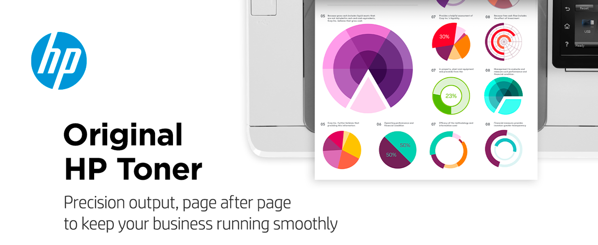 Colorful print out displaying Original HP toner quality