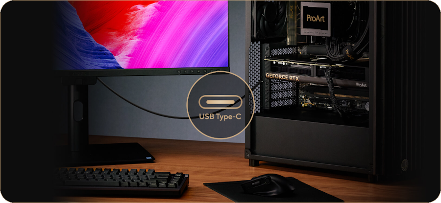 ProArt PC build connect with ProArt monitor through USB Type-C, plus keyboard, mouse, and mousepad on the table