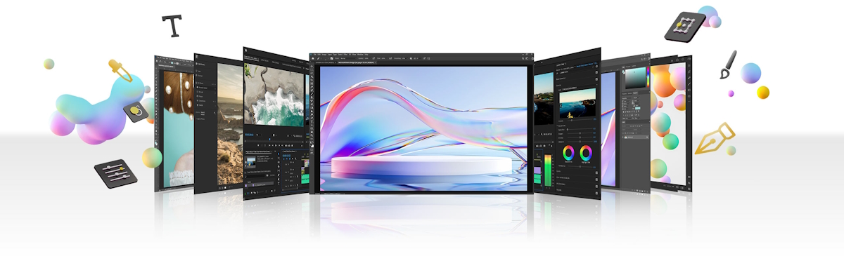 Zeigt verschiedene Adobe Software-Oberflächen.