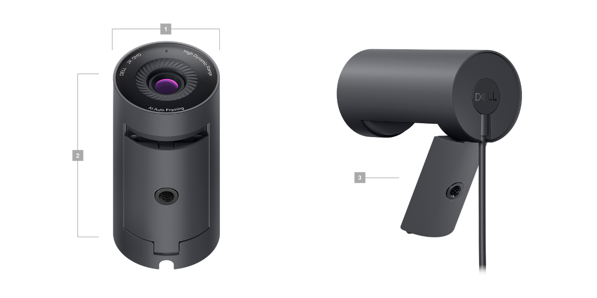 Billede af to Dell Pro-webkameraer WB5023 med tal fra 1 til 3, der signalerer produktdimensioner og -funktioner.