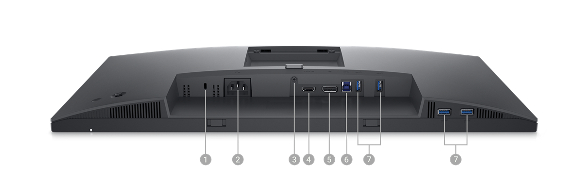 Picture of a Dell P2723D Monitor with the screen down and numbers from 1 to 7 showing the ports available below the product.