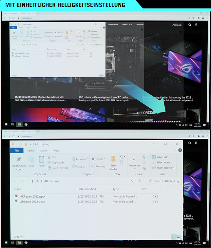 Vergleichsbilder, die zeigen, dass ein weißes Fenster im ersten Bild vergrößert wird, während das zweite Bild keine Veränderung der Display-Helligkeit zeigt