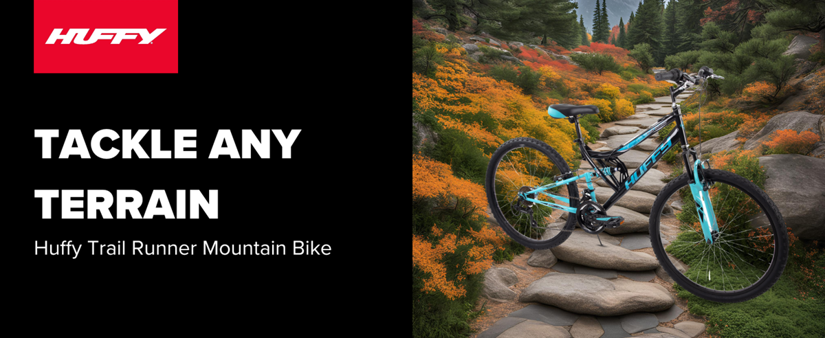 Huffy Trail Runner hero image with the mountain bike angled on a rocky and outdoor space