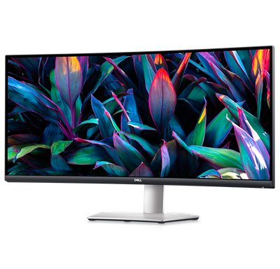 Bild eines Dell S3423DWC Monitors mit farbigen Blättern auf dem Bildschirm