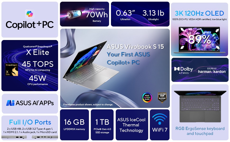 ASUS Vivobook S 15 laptop; Copilot+ PC, 15.6” 3K 120Hz OLED