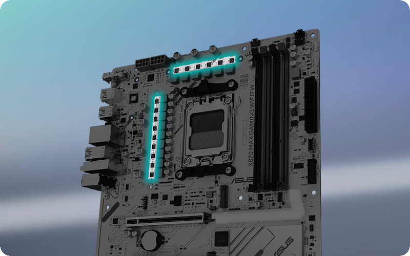 Schräge Draufsicht auf das X870 MAX GAMING WIFI7 W Motherboard.