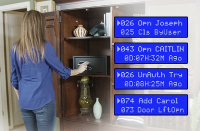 Woman opening Verifi Smart Safe S6000 overlaid with sample LCD displays of access and event logs