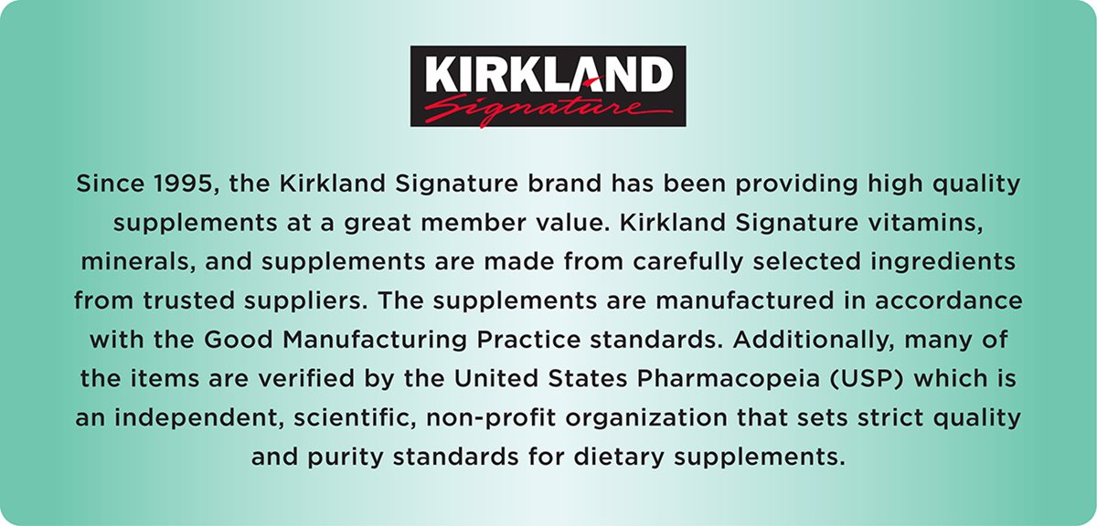 Hình ảnh có logo thương hiệu Kirkland Signature và dòng chữ cam kết chất lượng.