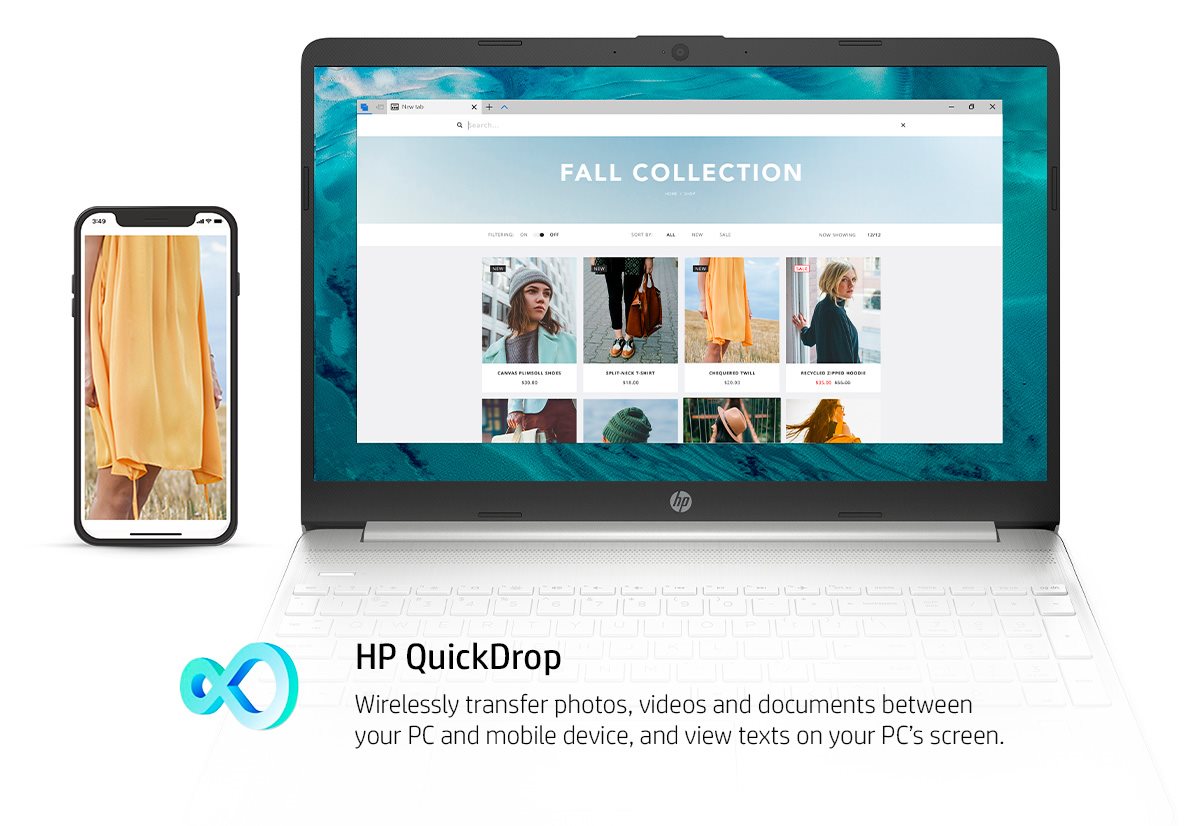HP 15 Laptop and smartphone show the same media.