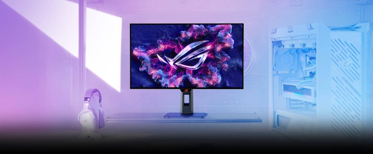 Futuristic desktop setup with ROG OLED monitor displaying vivid pink and blue graphics, surrounded by gaming gear and a white PC case in a purple-lit room. Bold text reads 'One For All' beside the screen.