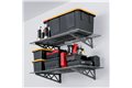 slide 5 of 10, zoom in, saferacks wall mounted garage shelving filled with storage bins, automotive tools and cleaners.