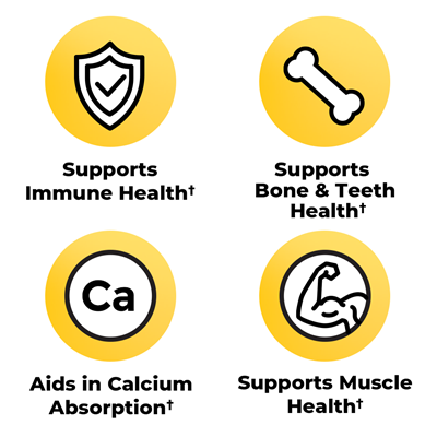 Hỗ trợ sức khỏe hệ miễn dịch. Hỗ trợ sức khỏe xương và răng. Hỗ trợ hấp thụ canxi. Hỗ trợ sức khỏe cơ bắp.
