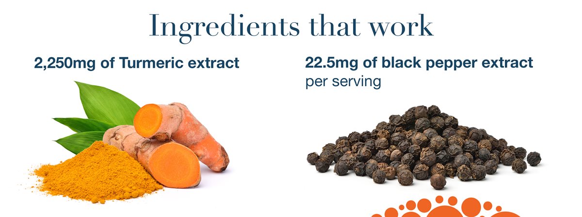 Ingredients that work 2,250mg of Turmeric extract 22.5mg of black pepper extract per serving