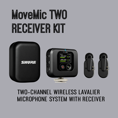 The Shure MoveMic TWO Receiver Kit with 2 wireless lavalier microphones with charging case and direct to phone capability and included receiver for use with DSLR/Mirrorless camera or thrid party phone apps