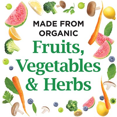 Hình ảnh các loại trái cây, rau củ và thảo mộc bao quanh dòng chữ: Được làm từ trái cây, rau củ và thảo mộc hữu cơ.