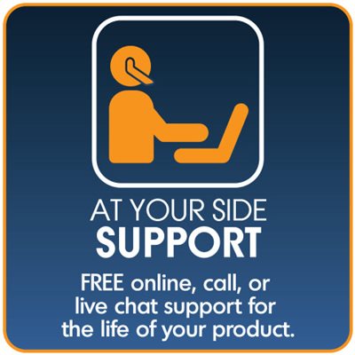 Icon showing a person with an earpiece at a computer, reading "At your side support; FREE online, call, or live chat support for the life of your product."