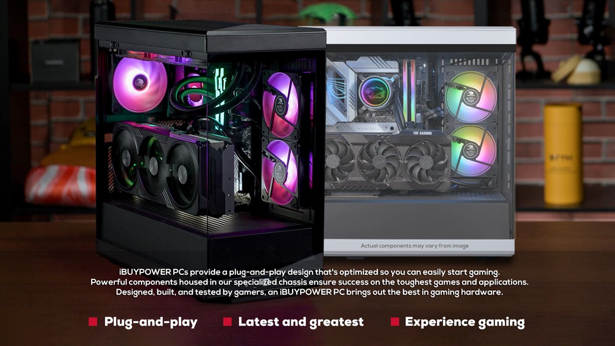 iBUYPOWER PC in the HYTE Y40 comes in multiple color options while displaying your beautiful RGB components on your desk.