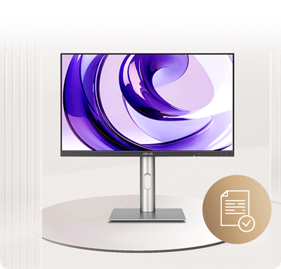 A sleek ProArt monitor with a purple abstract design shown onscreen. A circular icon shows a document with a checkmark, symbolizing reliability.